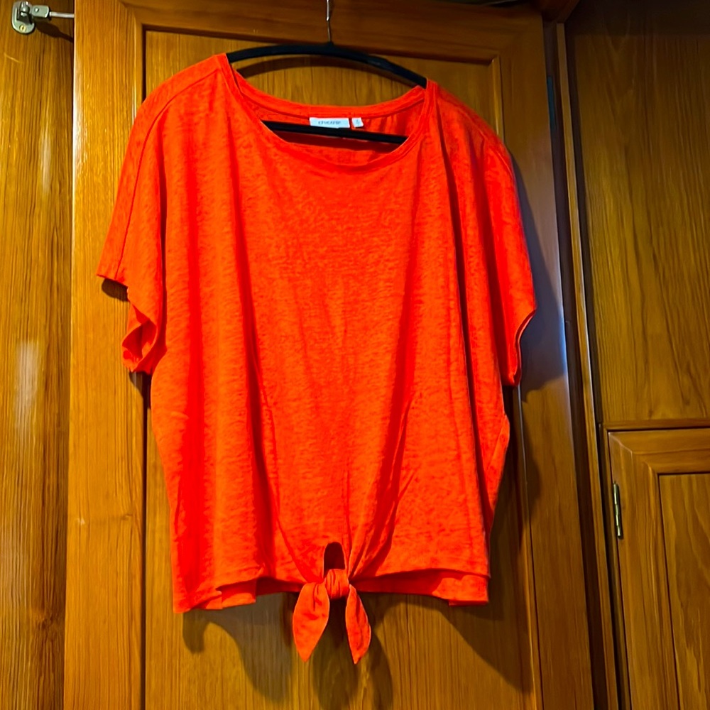 # Chico’s Bright Orange Linen Weave Tie-Front Women’s Top (Sz 2 = Large)
